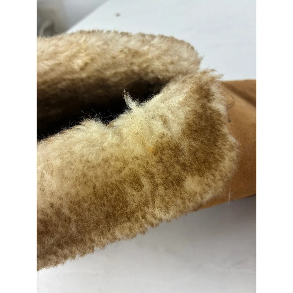 Apres Tan Suede Bootie Slippers - 9 - Wool Lined Faux Fur #Cozy #Winter #Cabin